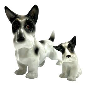 Antique Erphila Pottery Black White Scotty Dog With Puppy Made In Germany